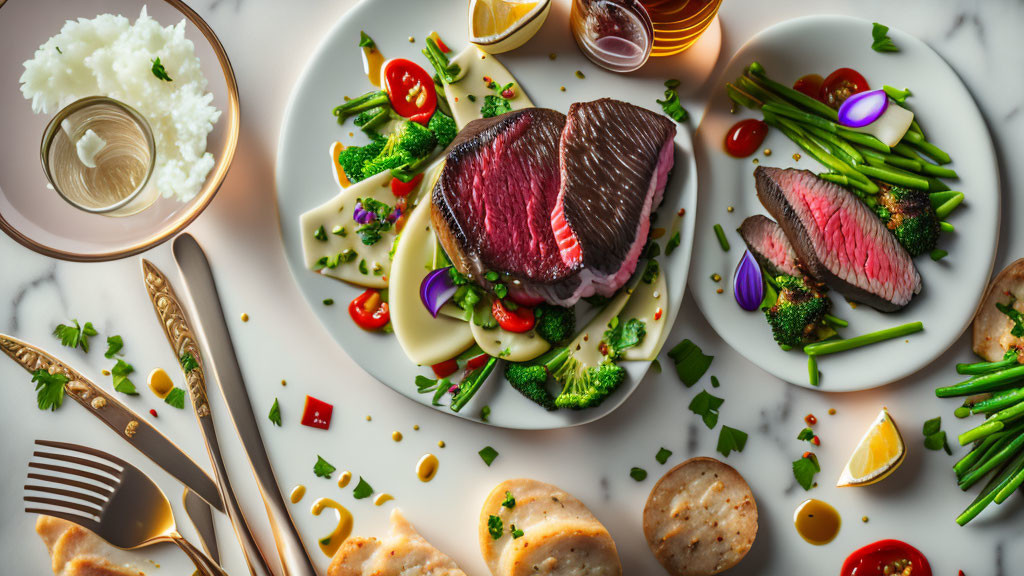 Sophisticated dining scene with medium-rare steak, vegetables, chicken slices, wine, and cut