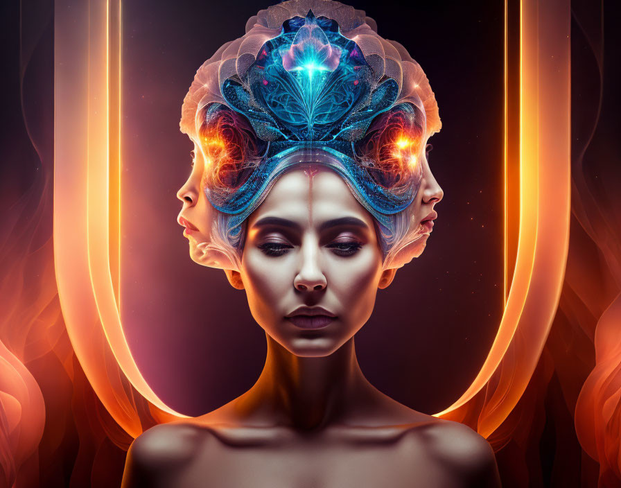 Digital artwork: Woman with mirrored profile, glowing blue head adornments and luminous blue crystal centerpiece