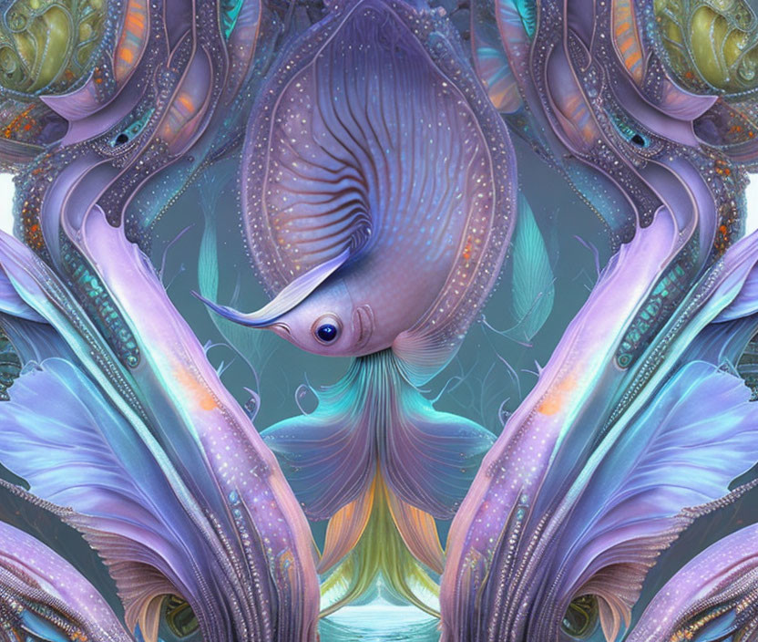 Symmetrical digital artwork of fantastical fish-like creature in blues and purples