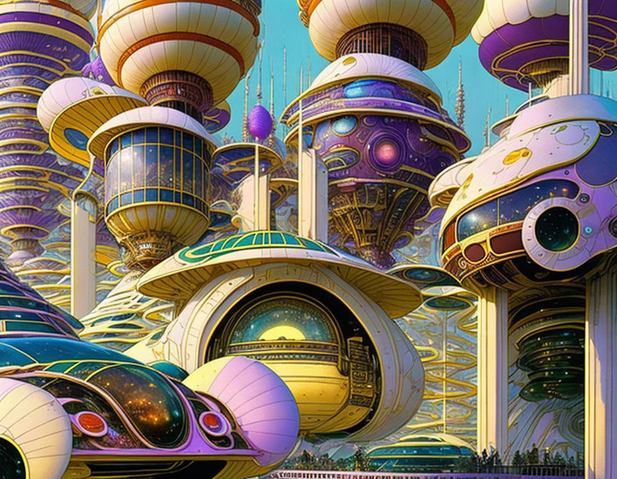 Colorful futuristic cityscape with mushroom and pod-like structures.