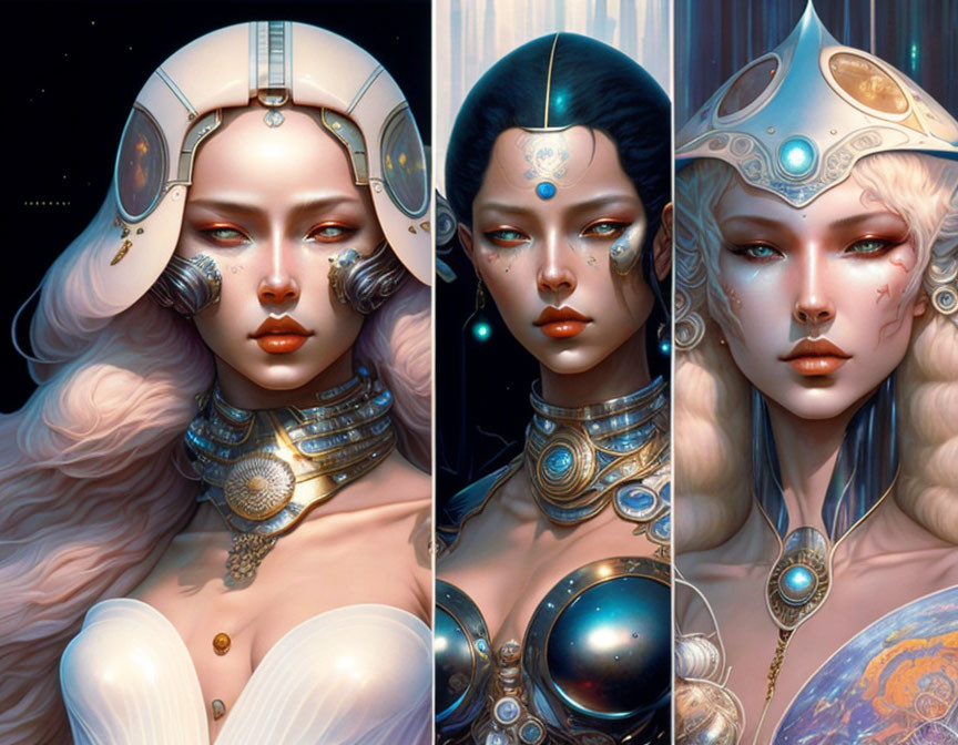 Four portraits of futuristic women with diverse skin tones and elaborate headgear and jewelry against a starry backdrop