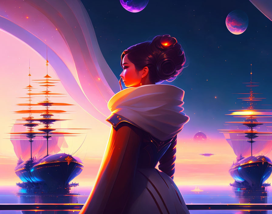 Woman admires vibrant sci-fi landscape with floating ships and planets