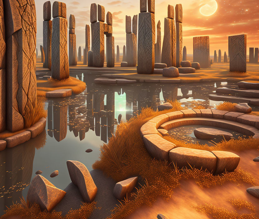 Surreal sunset landscape with stone pillars and reflective water