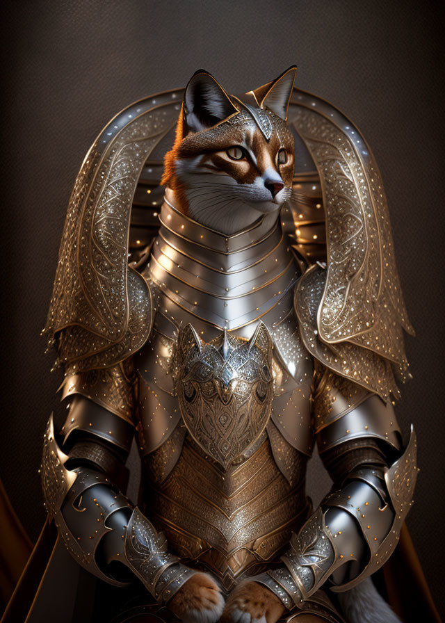 Cat in medieval armor with intricate designs on dark backdrop