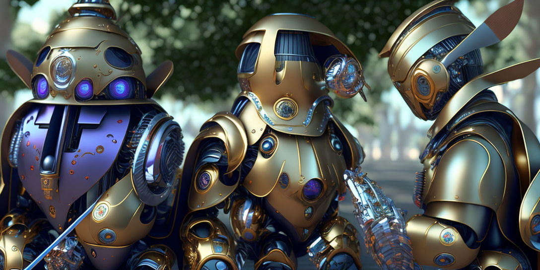 Three intricate golden robots against blurred background