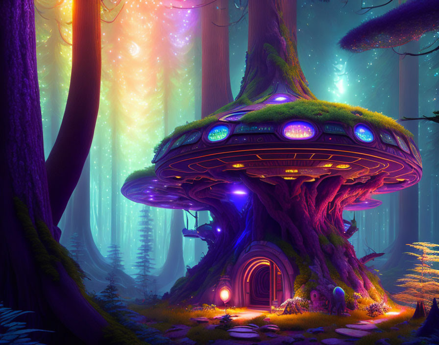 Fantastical tree with glowing UFO-like structure in starlit forest