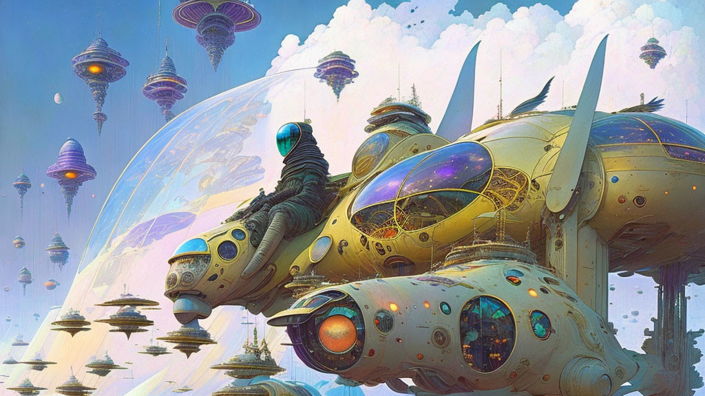 Futuristic cityscape with floating buildings and character in spacesuit