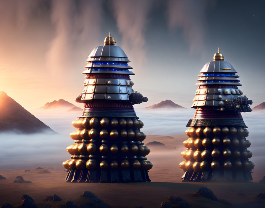 Sci-fi Dalek robots on misty alien landscape