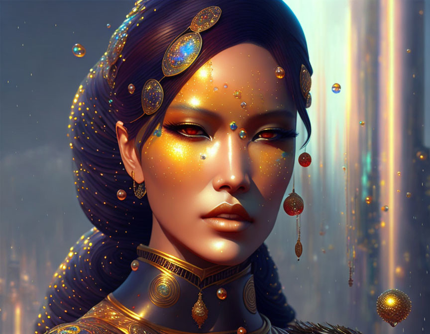 Ethereal woman portrait with golden gems and ornate headdress