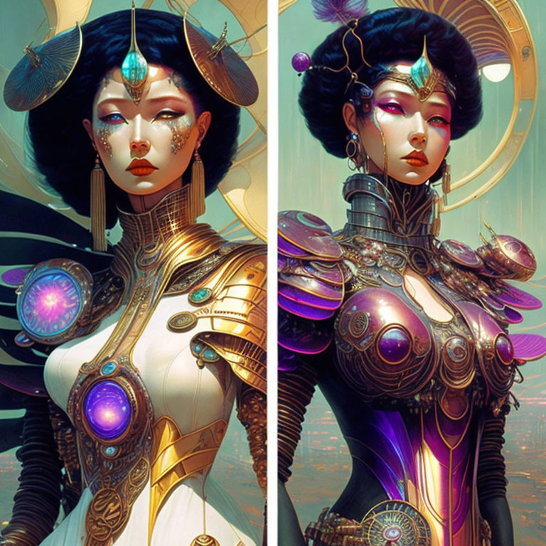 Futuristic female figures in elaborate armor on golden backdrop