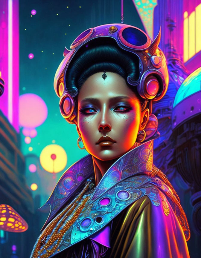 Futuristic woman with cybernetic enhancements in neon-lit urban scene