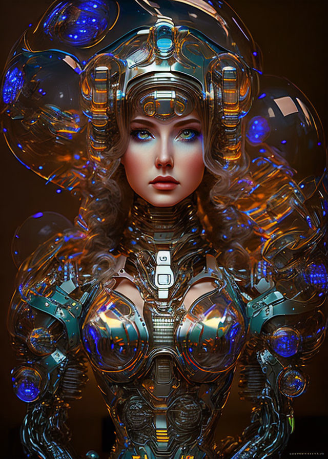 Futuristic female character in intricate metallic armor with glowing blue energy spheres and striking blue eyes.