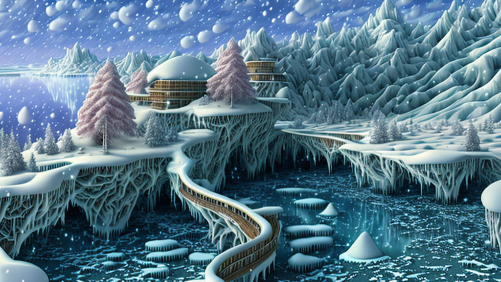 Snow-covered trees, domed structures, and winding staircase in fantasy winter landscape