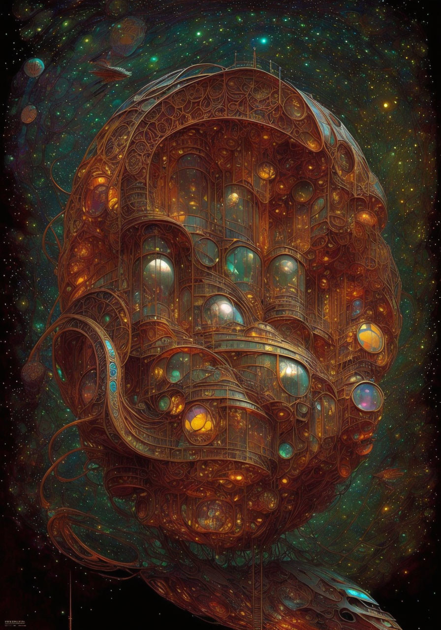 Ornate brain-like structure floating in space with glowing orbs