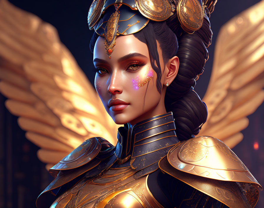 Warrior woman digital art portrait with gold armor and wings