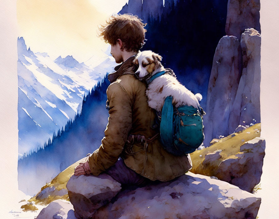 Person and Dog on Rock Enjoying Mountain View in Watercolor