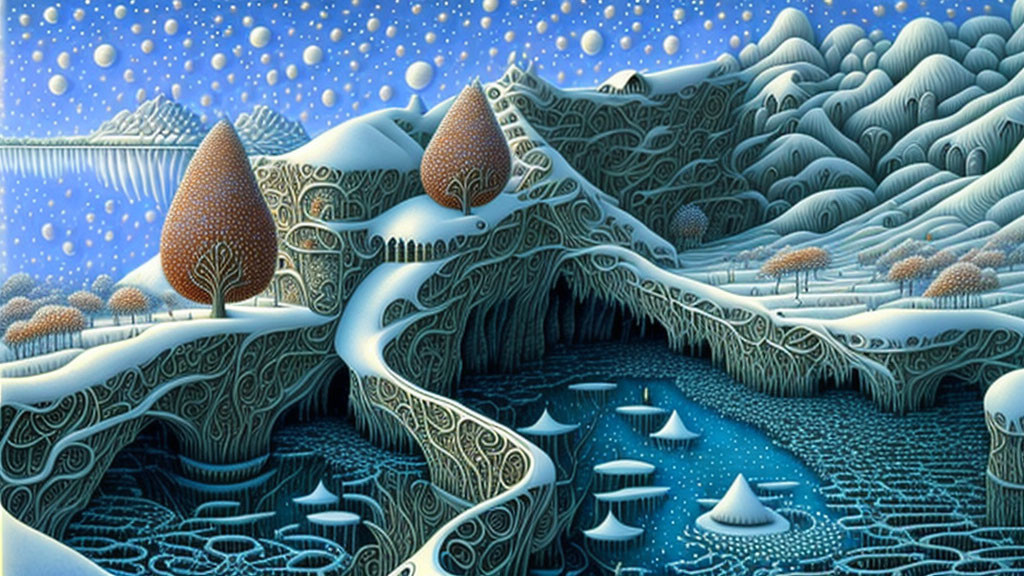 Detailed surreal landscape with patterned hills, trees, and floating islands above a blue river