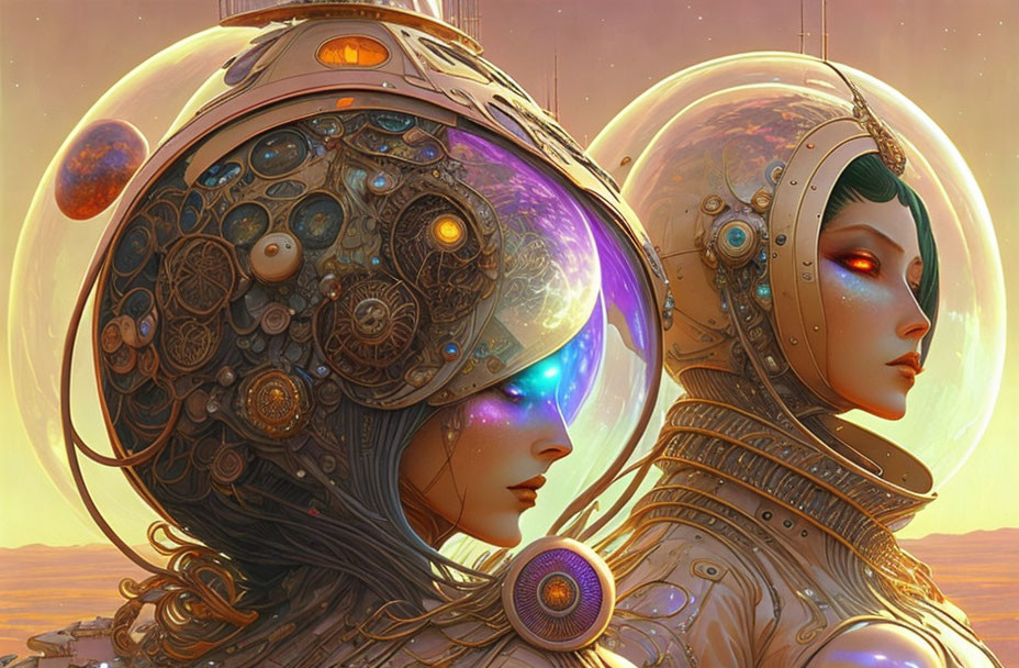 Female androids with cosmic helmets in front of golden alien sunset.