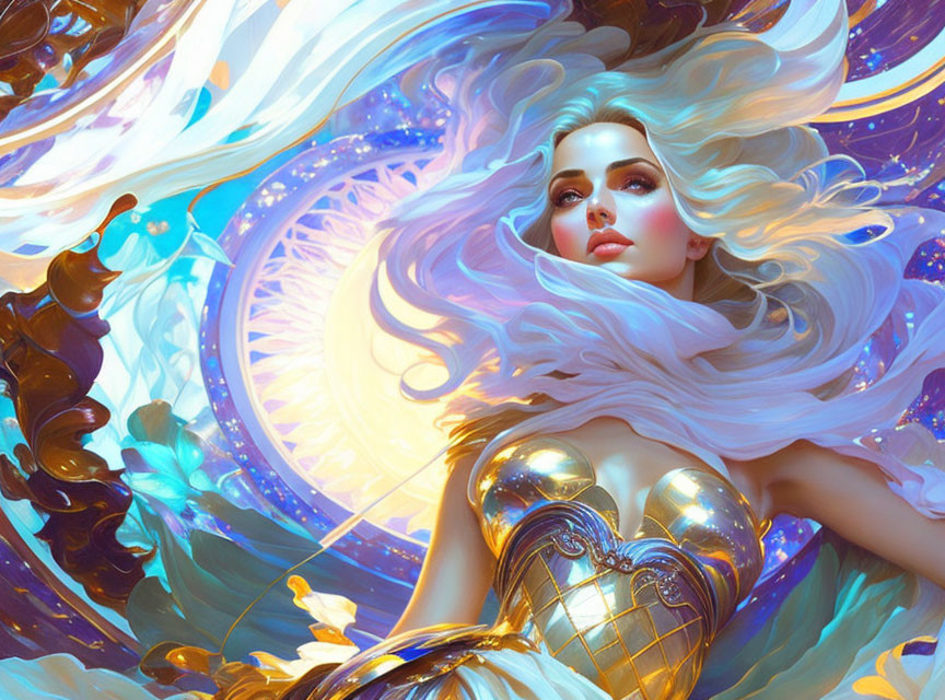 Fantastical illustration: Woman with white hair, golden armor, surrounded by magical energy