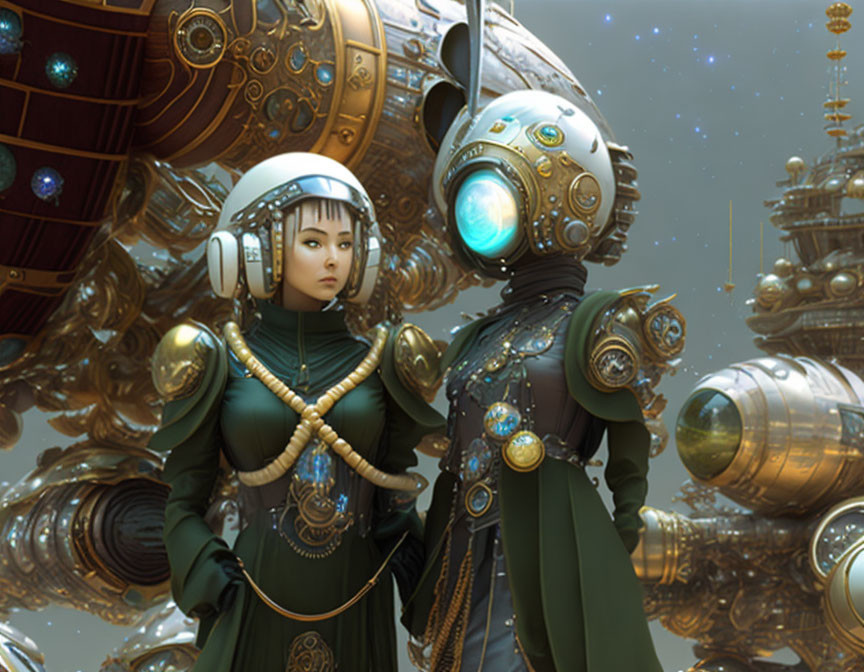 Digital artwork: Two characters in futuristic armor with mechanical structures and orbs in fantasy setting