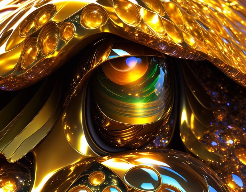 Abstract image with metallic golden structures and reflective spheres on starry backdrop