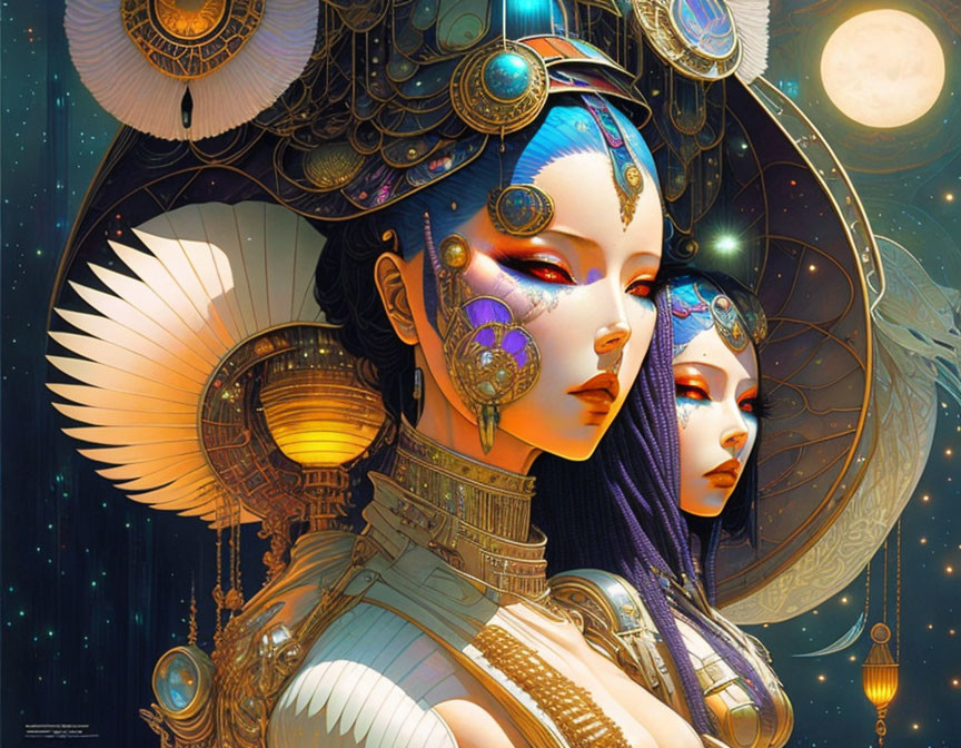 Colorful illustration of two women with intricate headpieces and mechanical elements in a cosmic setting.