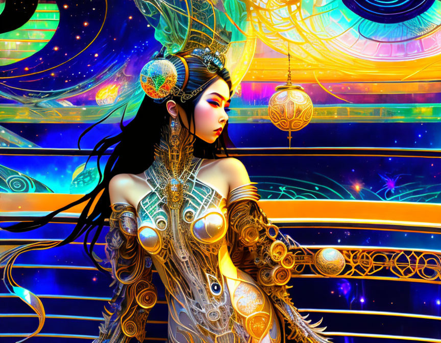 Colorful futuristic illustration: Woman in golden headdress and armor.