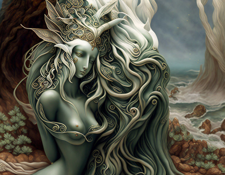 Green-skinned elven woman with ornate headgear in mystical setting