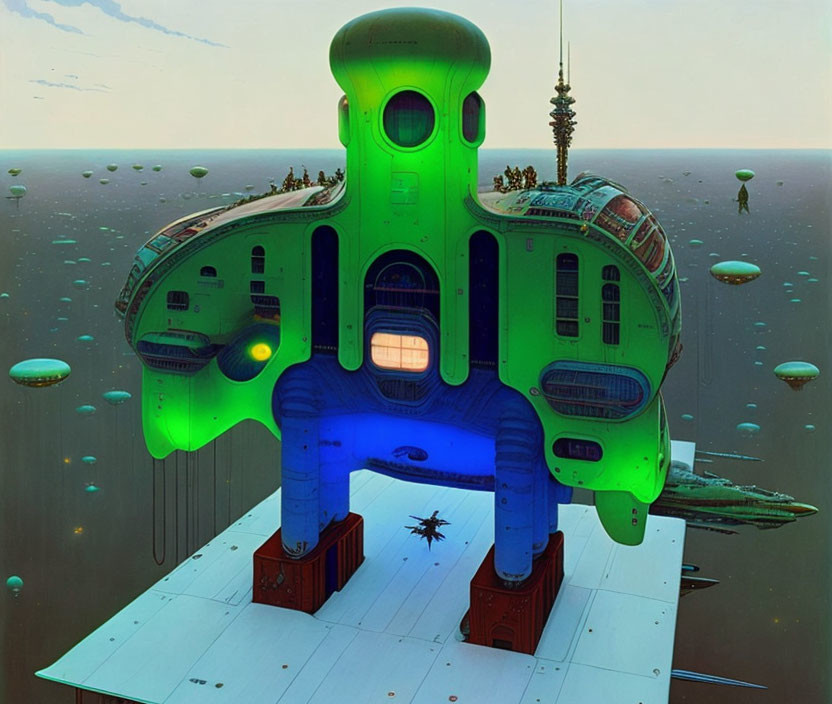 Futuristic green building floating above white platform with jellyfish-like entities