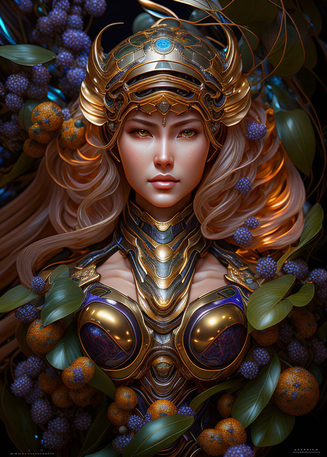 Digital artwork: Woman in golden armor with helmet, surrounded by colorful berries and leaves