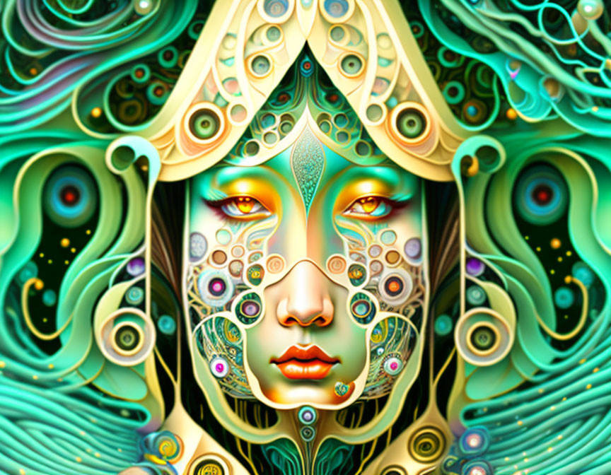 Symmetrical female face with vivid psychedelic colors