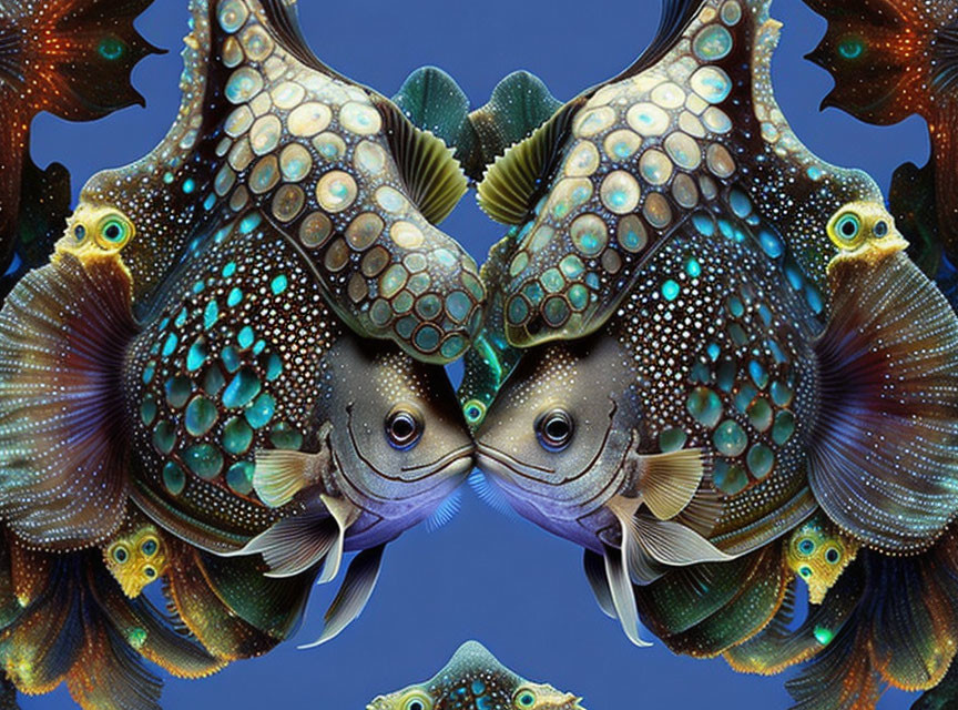 Symmetrical ornate fish in vibrant blues and greens