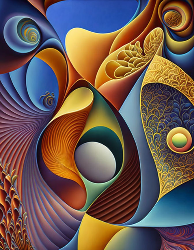 Abstract digital art: Vibrant shapes, swirls, and gradients in blue, yellow, and orange