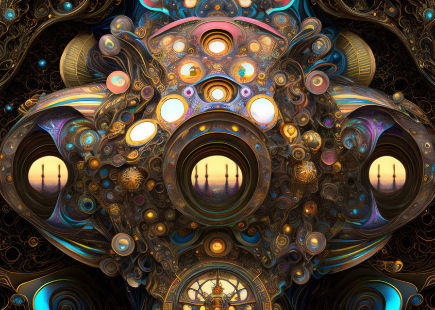 Intricate fractal image: Decorative gears, spheres, organic motifs