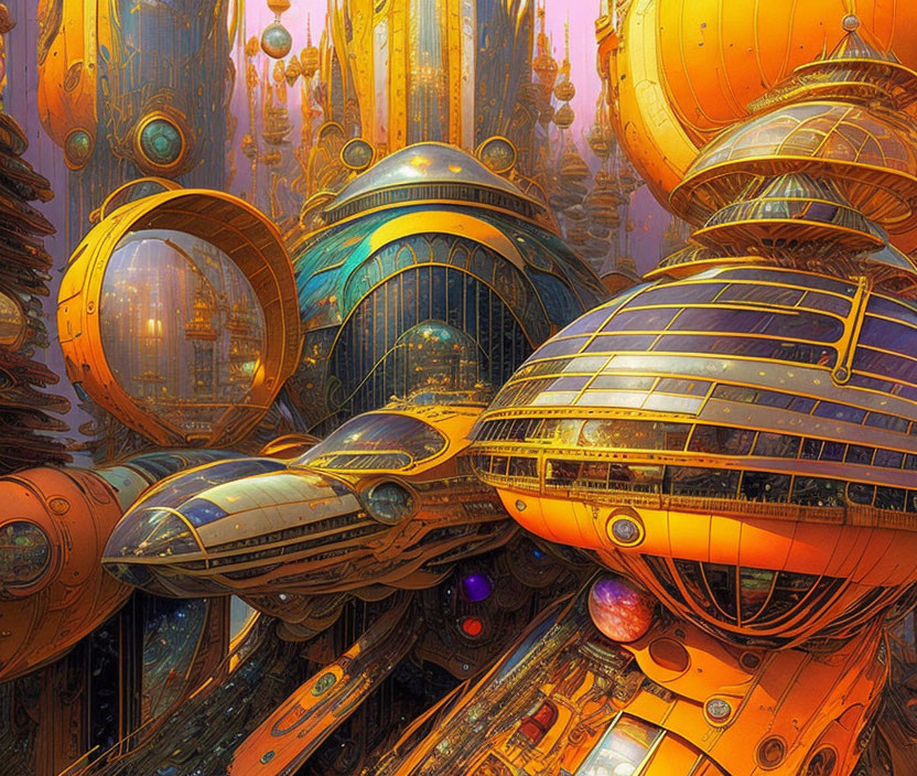 Futuristic cityscape with gold and blue spherical structures