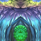 Vibrant green portal, pink cliffs, blue crystals in serene landscape