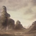 Majestic rock formations under multiple moons in a serene landscape