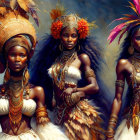 Three women in ornate tribal headdresses and jewelry against soft light background