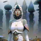 Futuristic female figure in white space suit among misty alien structures