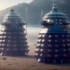 Two Daleks in misty mountain landscape at dusk