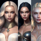 Four portraits of futuristic women with diverse skin tones and elaborate headgear and jewelry against a starry backdrop