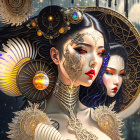 Colorful illustration of two women with intricate headpieces and mechanical elements in a cosmic setting.