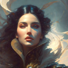 Futuristic female figure with ornate headgear in dreamy golden setting