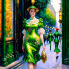 Digital art: Woman in green dress with feathers in forest path