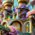 Colorful futuristic cityscape with mushroom and pod-like structures.