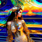 Colorful futuristic illustration: Woman in golden headdress and armor.