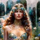 Fantasy illustration: Female figure in ornate armor and headdress with gemstones, set in futuristic