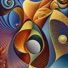 Abstract digital art: Vibrant shapes, swirls, and gradients in blue, yellow, and orange