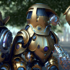 Futuristic warriors in ornate armor against misty mountains