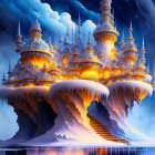 Futuristic cityscape with towering spires, domes, and floating vehicles